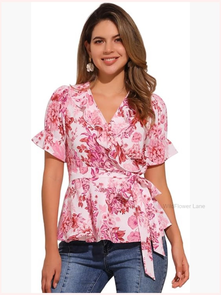 Wrap Peplum Top Blouse With Ruffle Short Sleeve V Neck